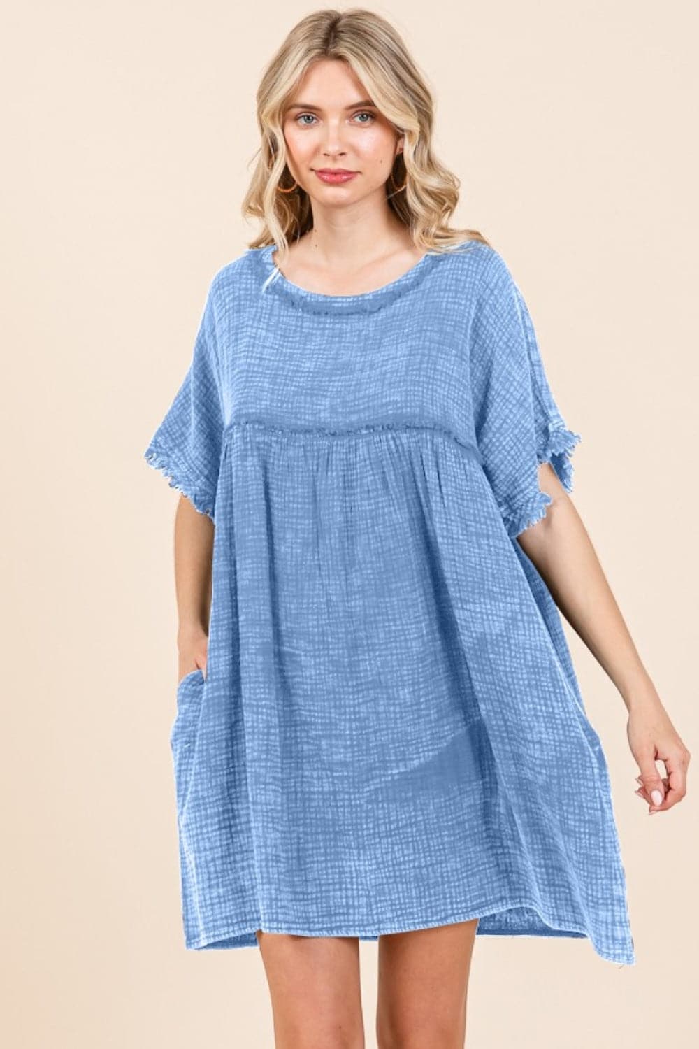 Culture Code Full Size Short Sleeve Babydoll Texture Dress with Pockets.