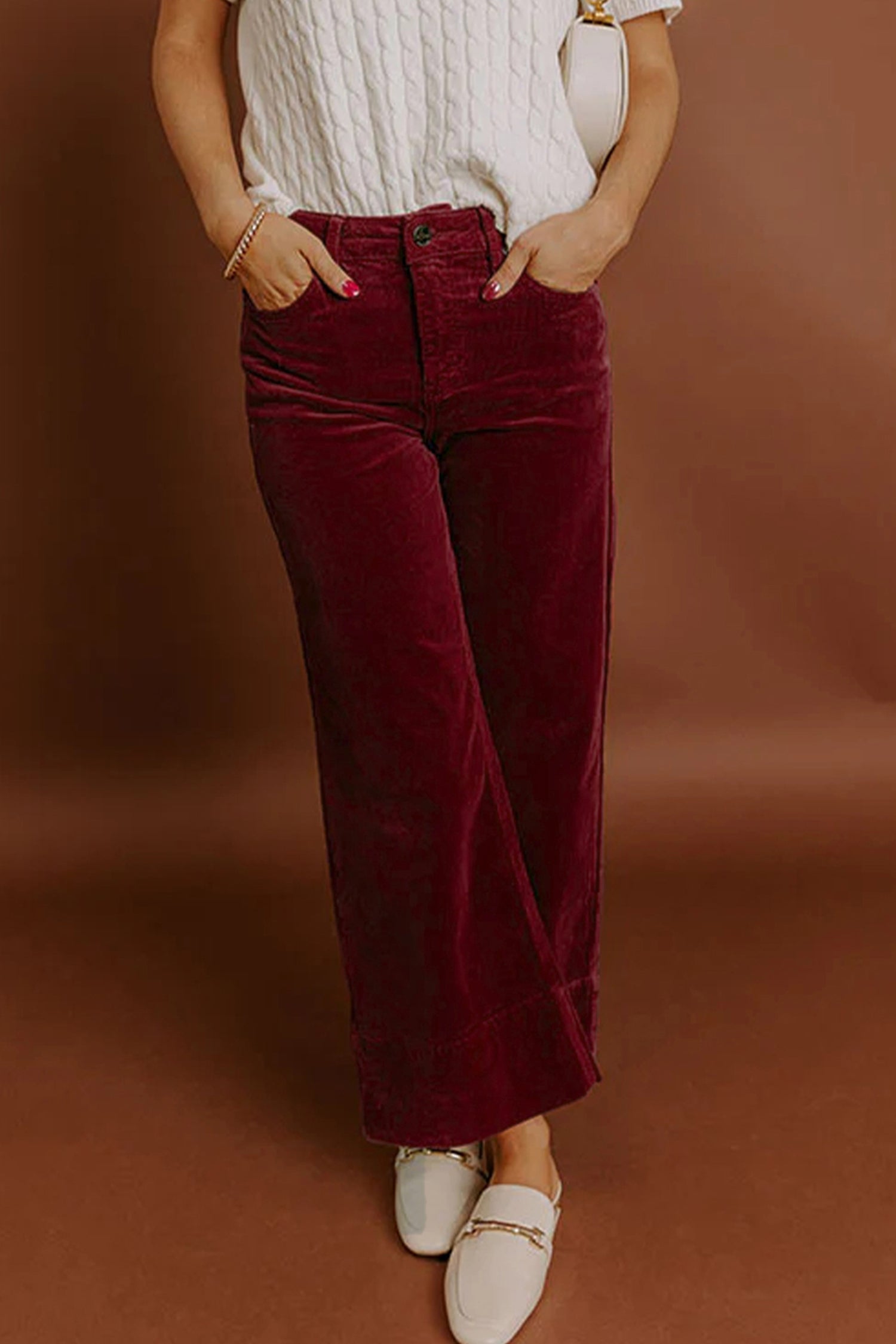 Burgundy Corduroy High Waist Wide Leg Pants for Women Dear-Lover Dropshipping
