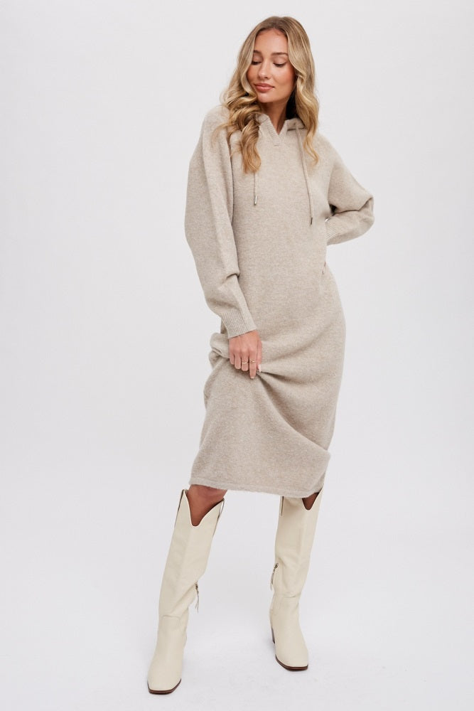 Beige Hooded Sweater Midi Dress PinkBlush