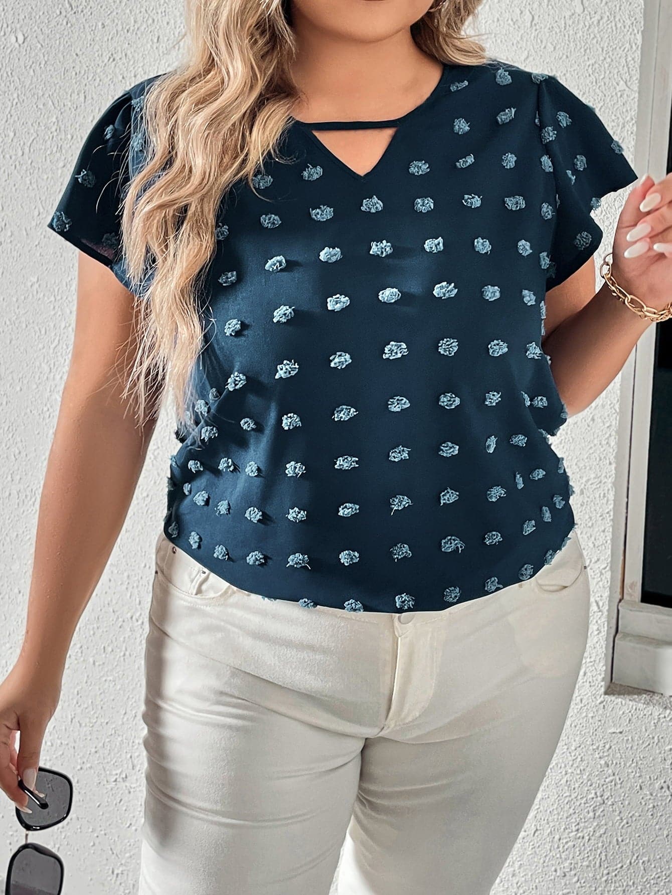 Plus Size Swiss Dot V-Neck Flutter Sleeve Tee.