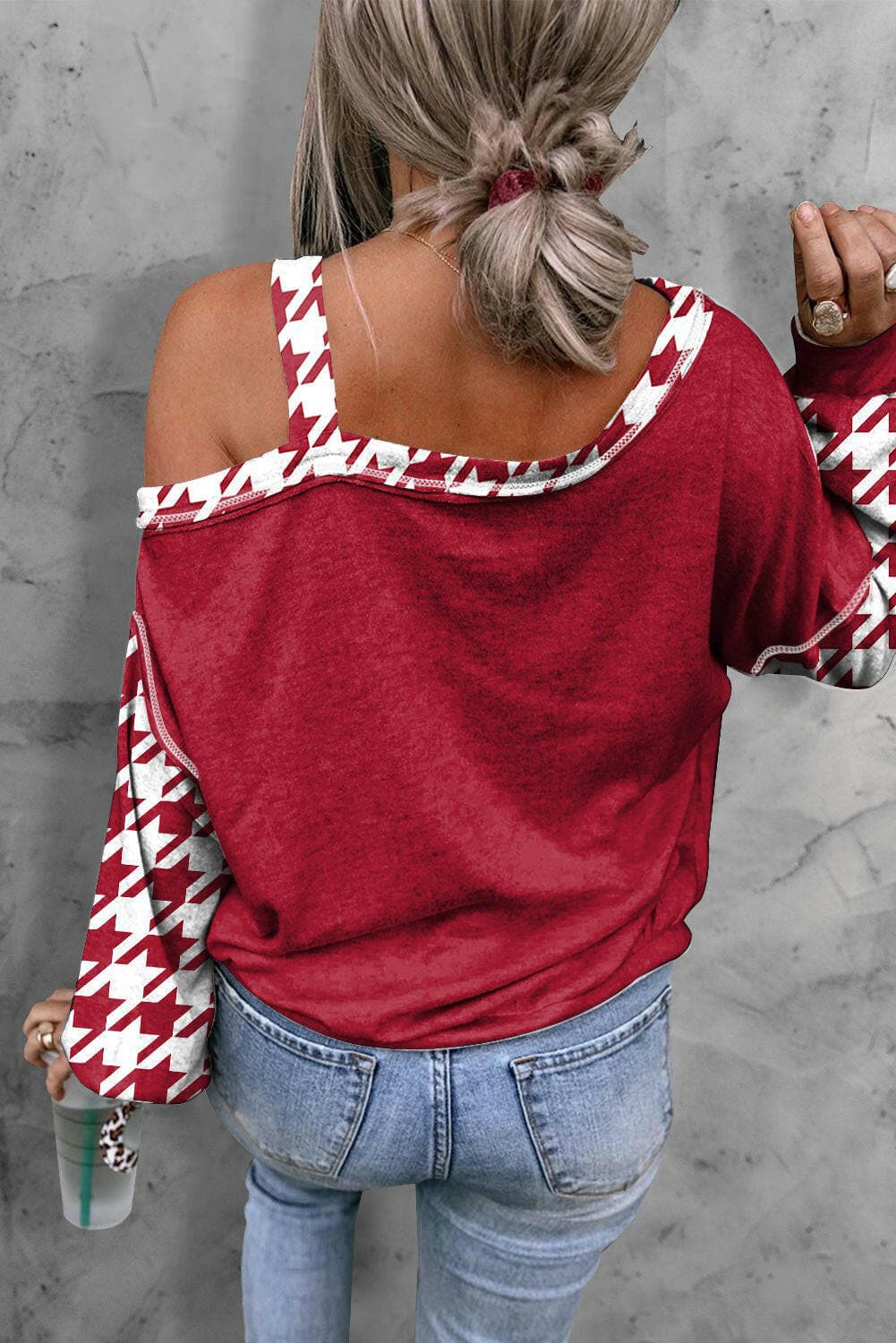 Houndstooth Long Sleeve Asymmetrical Neck Top.