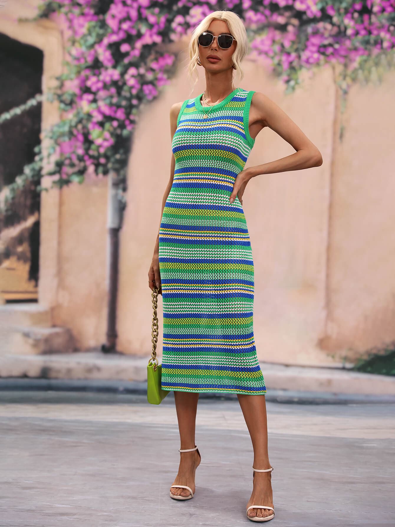 Striped Round Neck Sleeveless Midi Cover Up Dress.