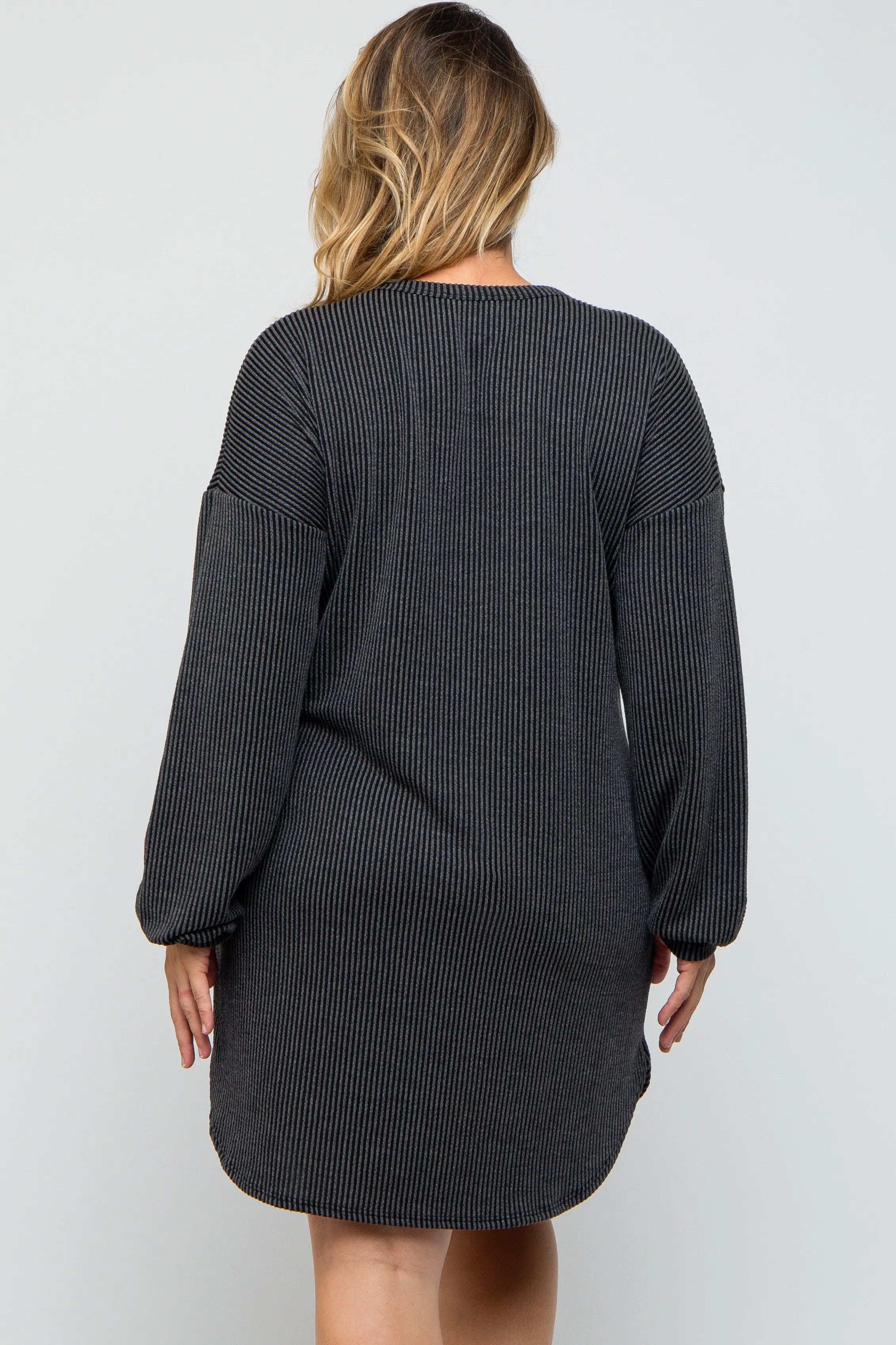 Charcoal Rib Knit Long Sleeve Maternity Plus Dress PinkBlush
