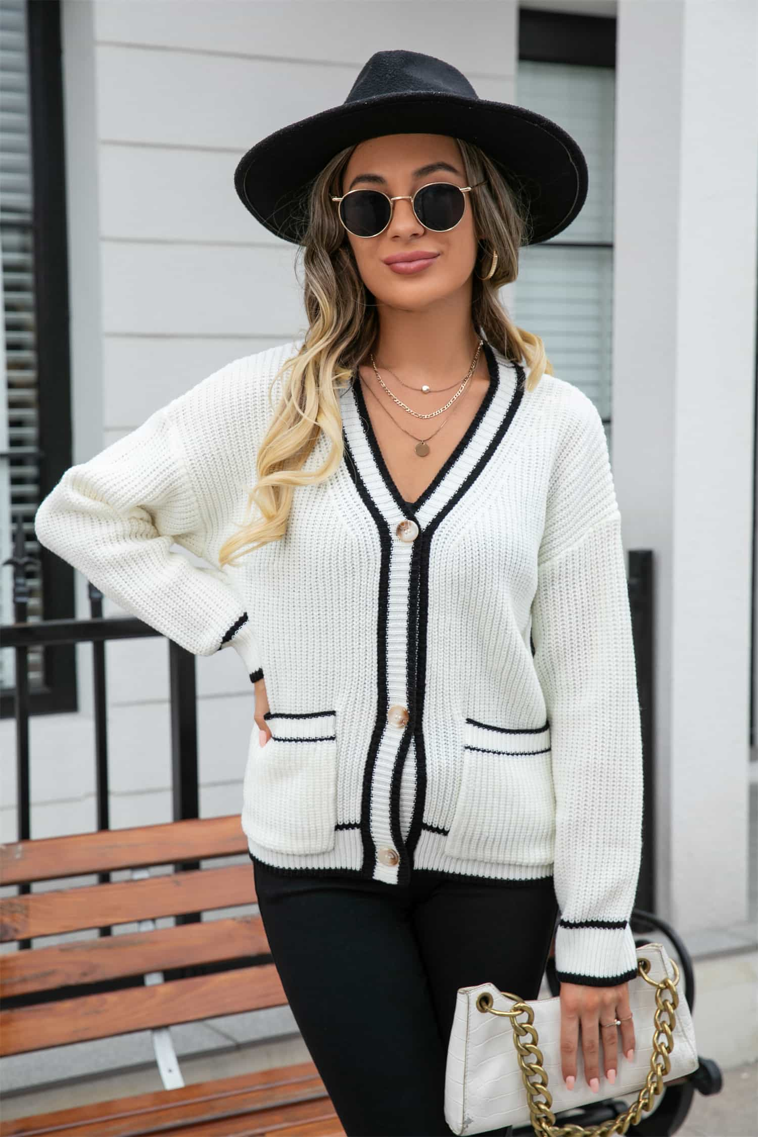 Waffle Knit V-Neck Cardigan with Pocket.