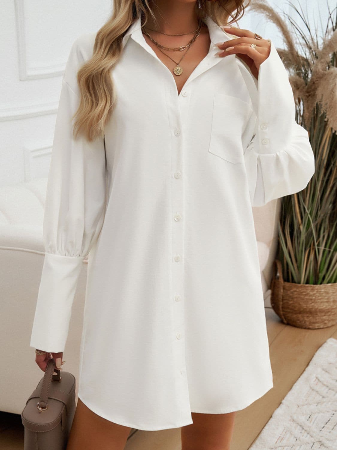 Button Up Lantern Sleeve Mini Shirt Dress.