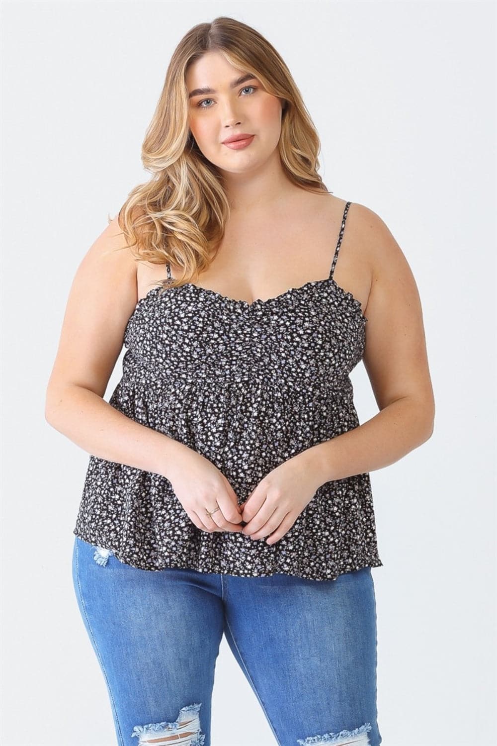 Zenobia Plus Size Frill Smocked Floral Sweetheart Neck Cami.