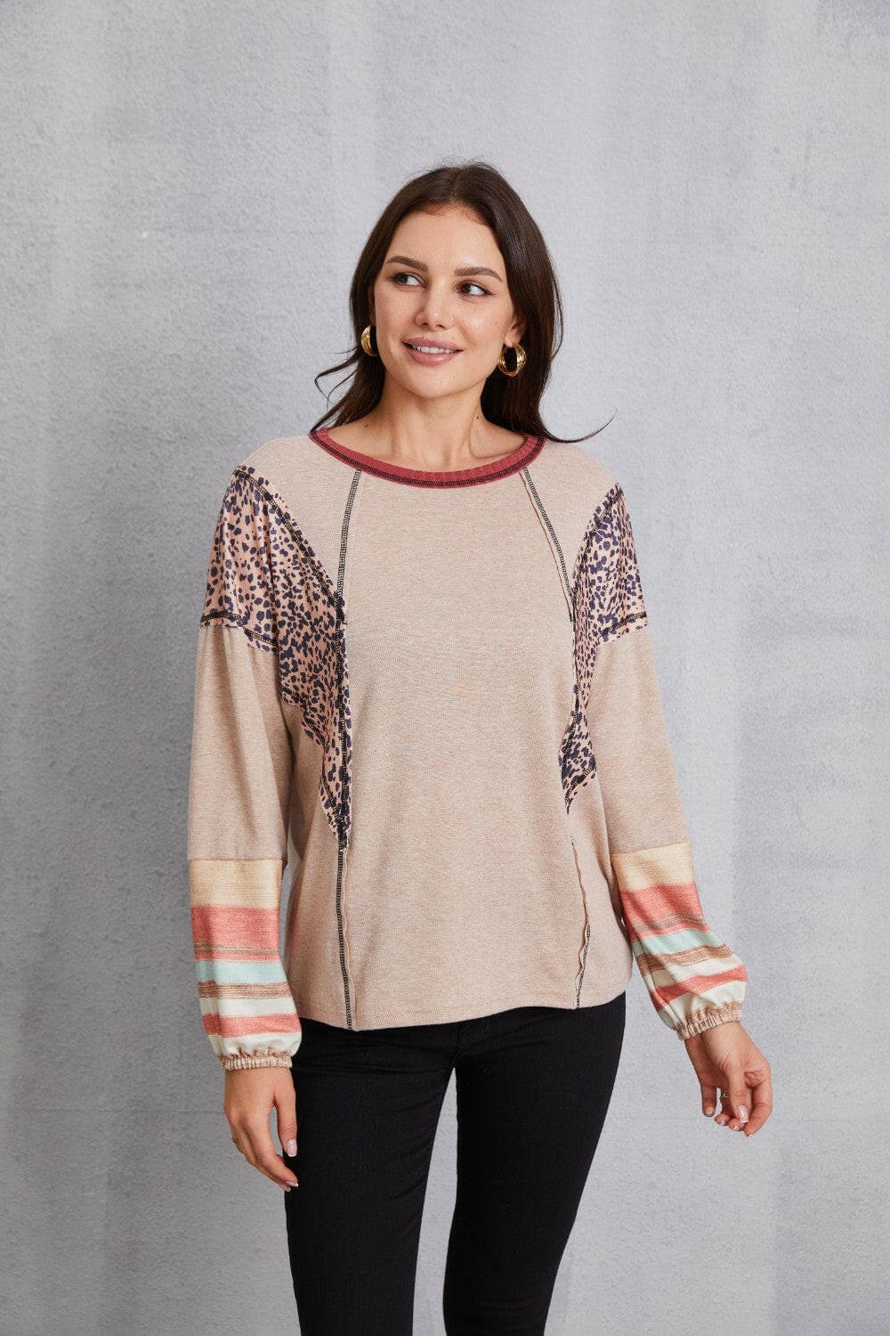 Contrast Stitching Leopard Long Sleeve Blouse.