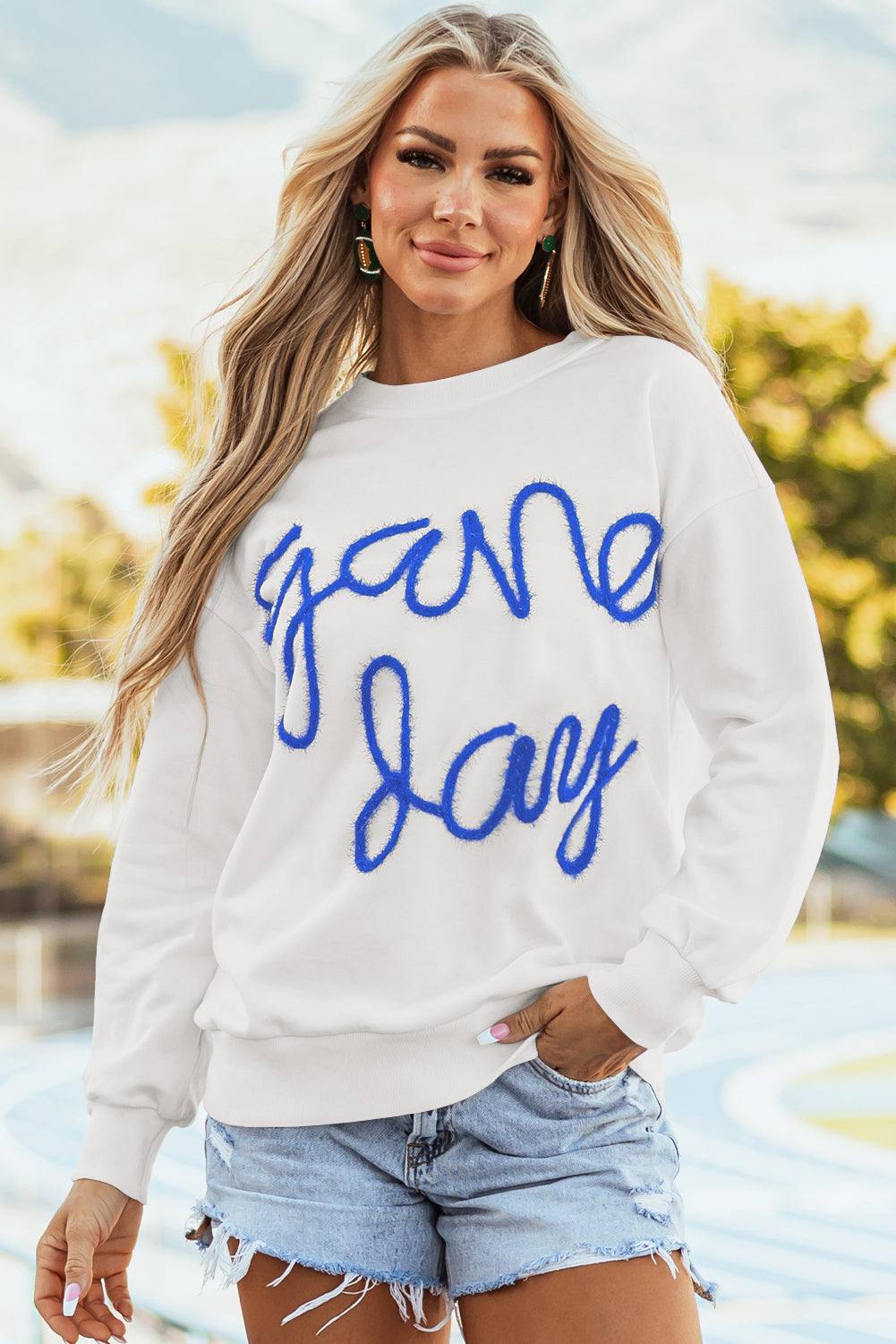 Gameday vibes white tinsel sweatshirt