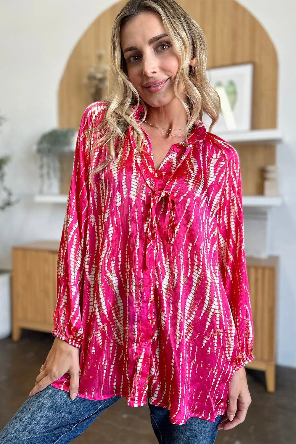 Double Take Full Size Printed Button Up Long Sleeve Shirt - Love Salve