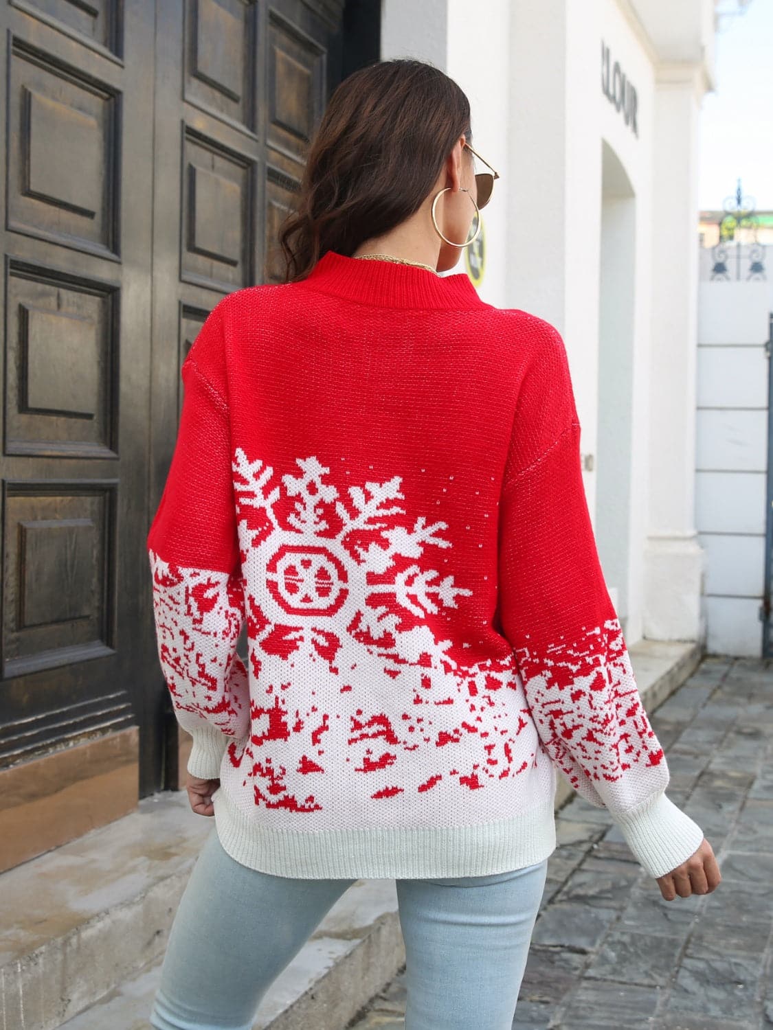 Snowflake Pattern Mock Neck Sweater.