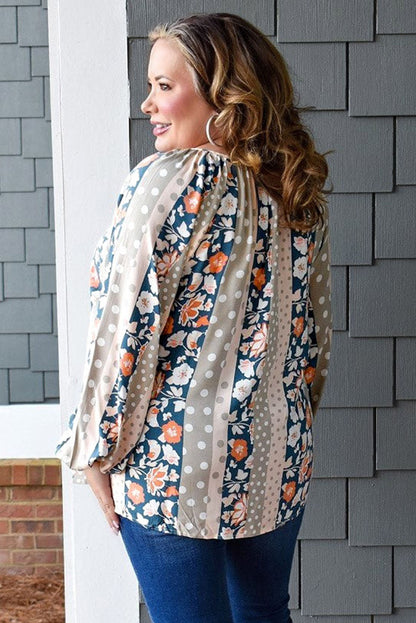 Colorful plus size mixed print blouse with split neckline