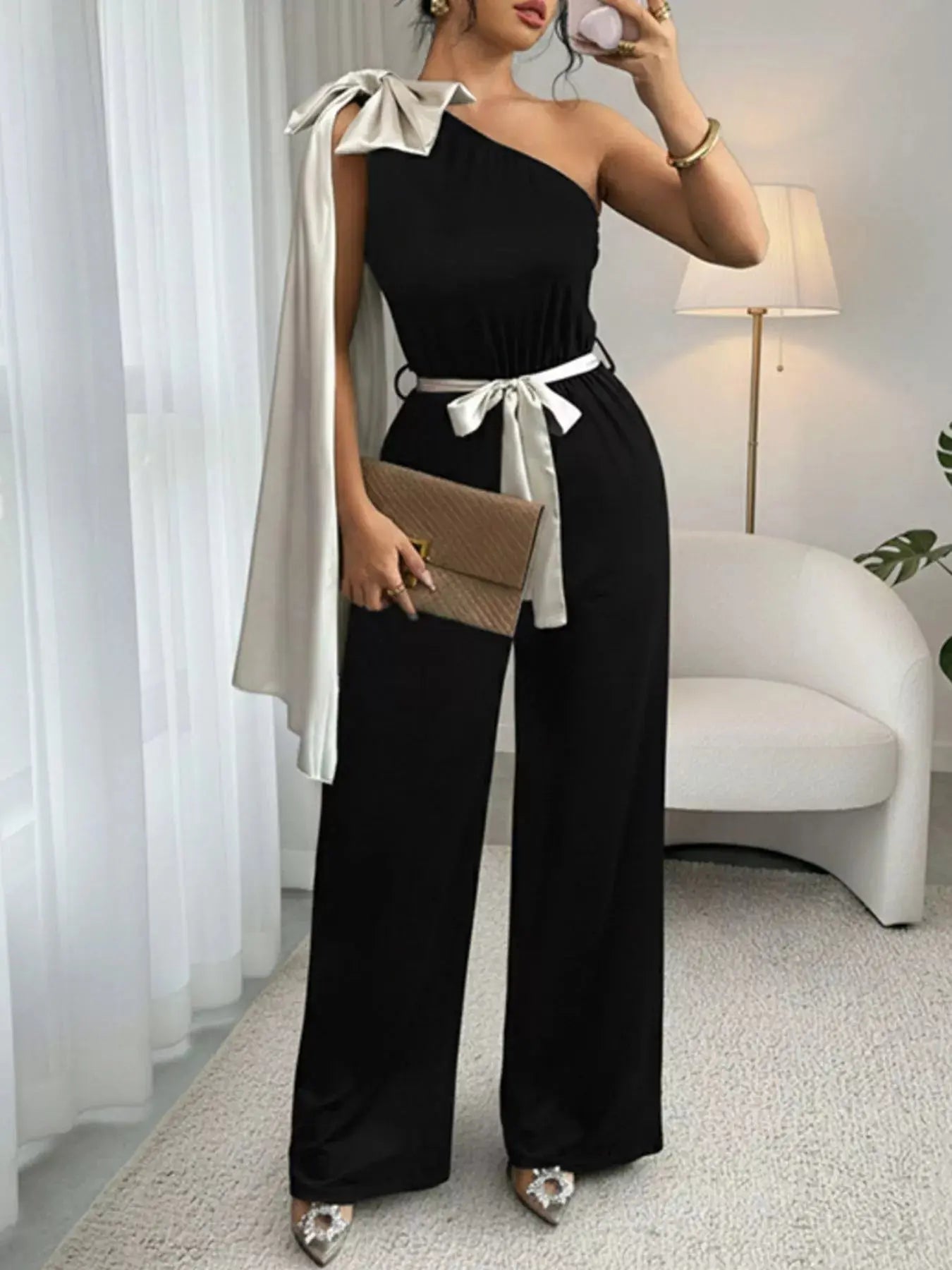 One-Shoulder Bowknot Wide Leg Jumpsuit Simply Love