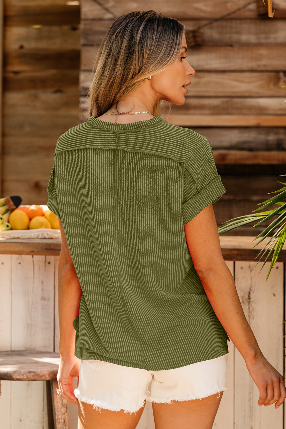 Jungle Green Textured Knit T Shirt with Exposed Stitching - Love Salve 