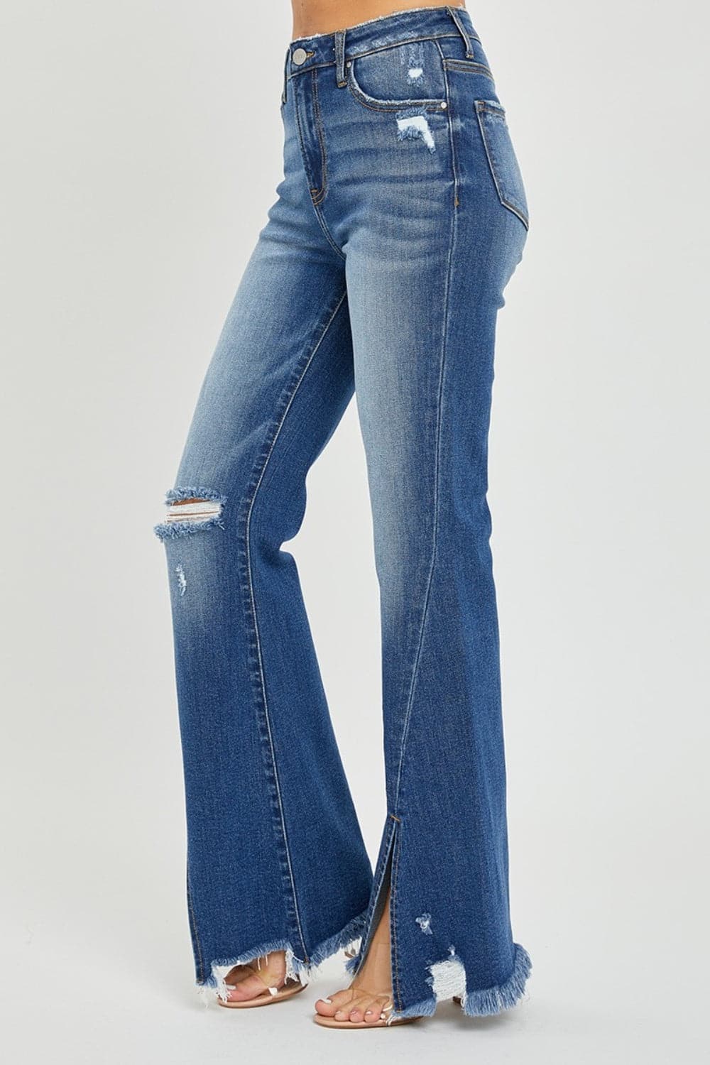 RISEN Full Size High Rise Front Slit Frayed Hem Flare Jeans.