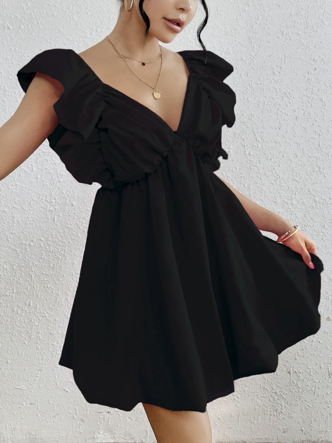 Ruffled V-Neck Cap Sleeve Mini Dress.