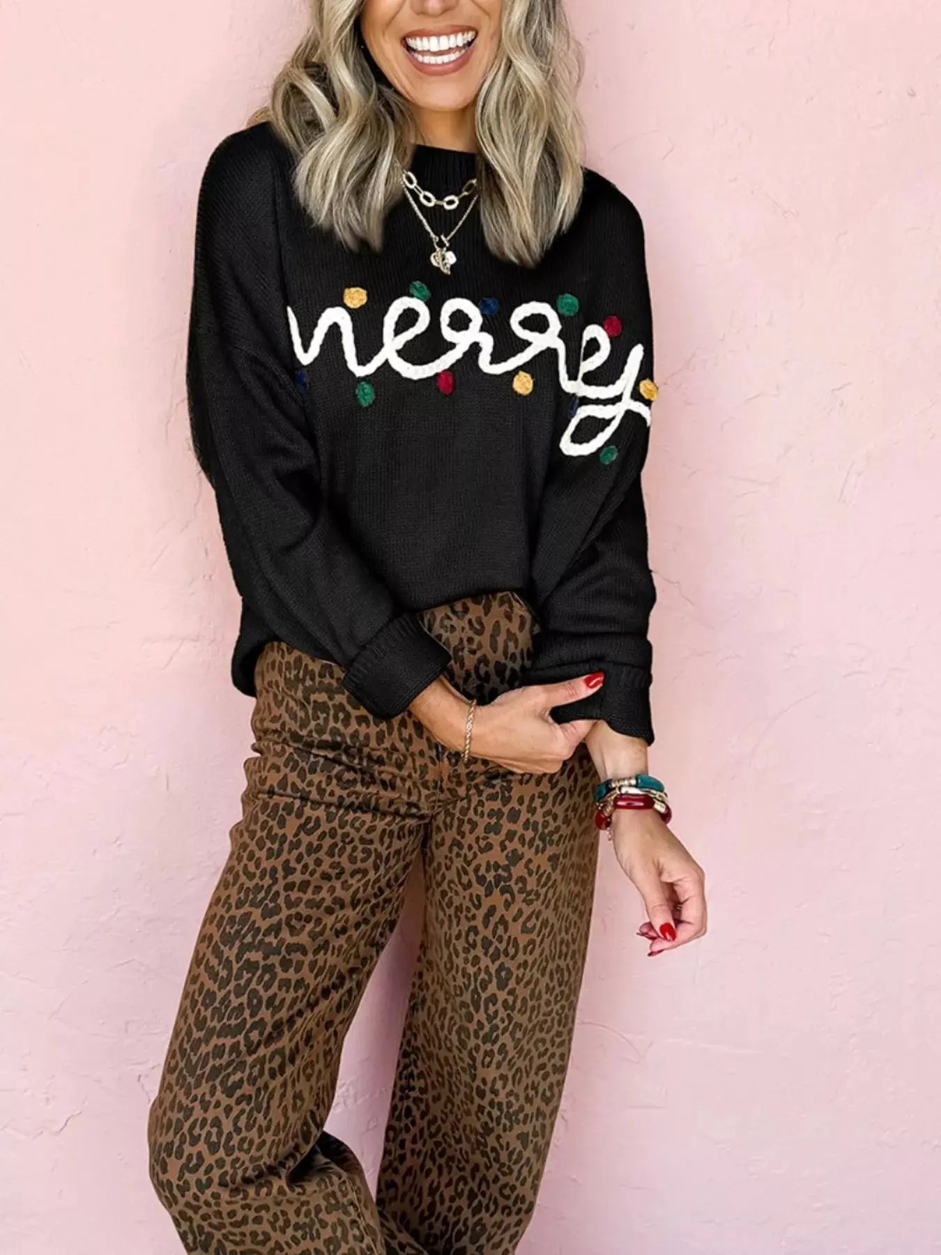 Embroidered Merry Christmas Round Neck Knit Sweater Simply Love