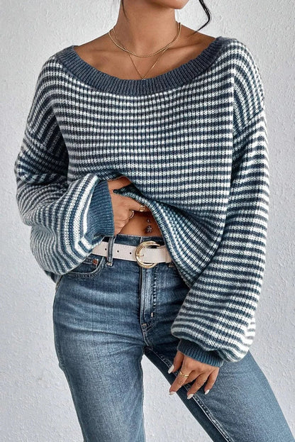 Cozy striped dropped shoulder sweater with round neck