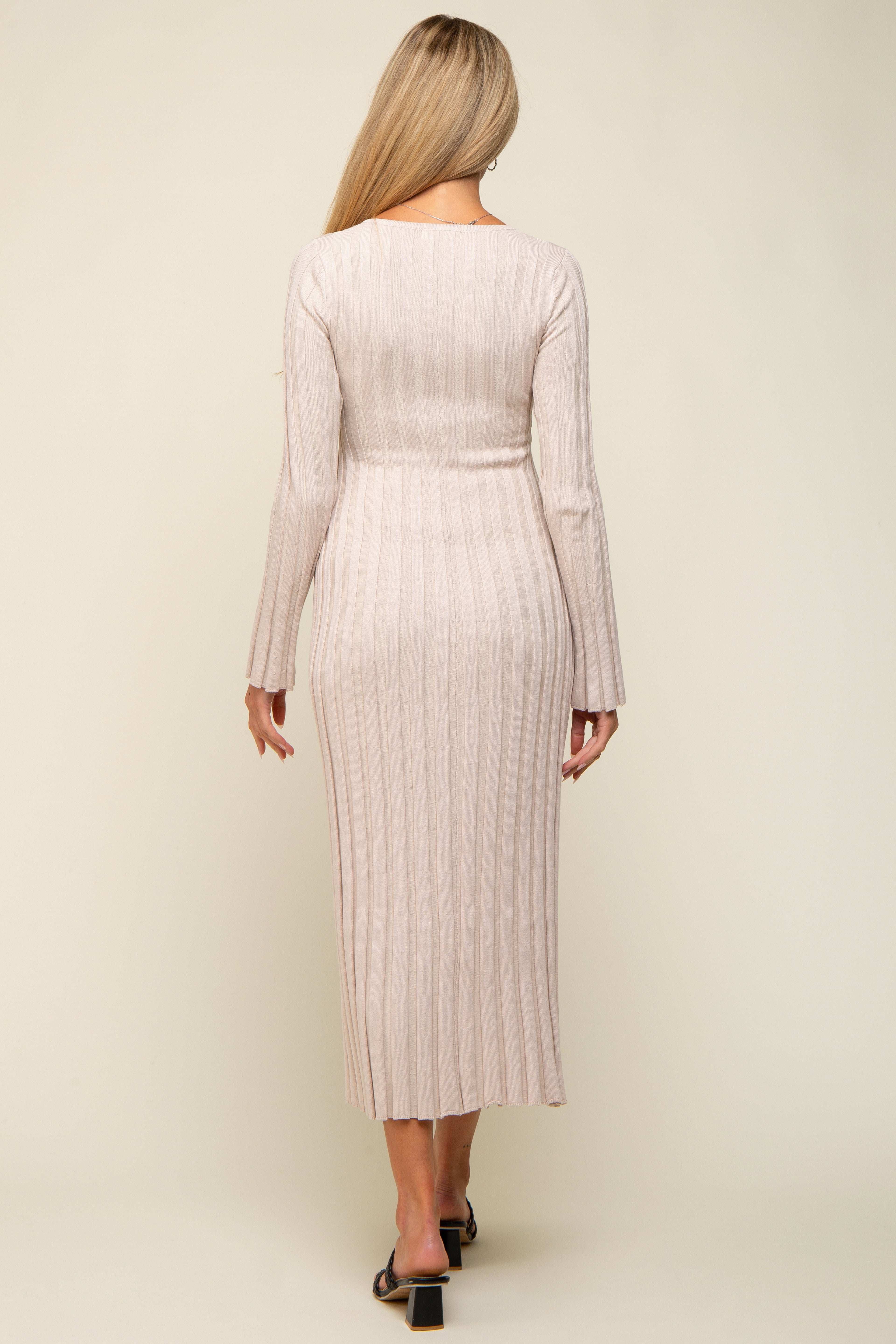 Detail shot of the PinkBlush Taupe Ribbed Maternity Knit Maxi Dress, focusing on the ribbed texture and taupe color.