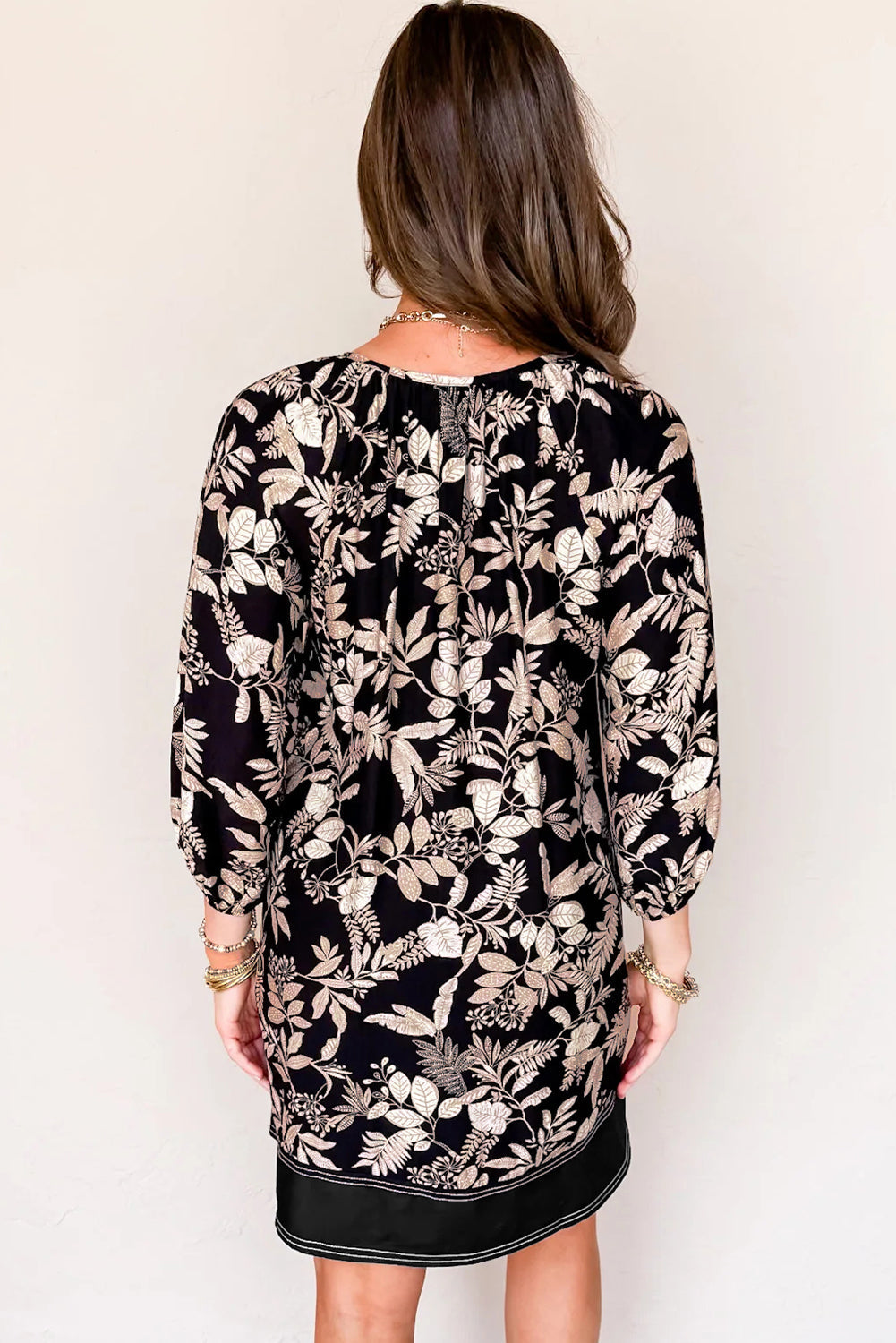 Black Three Quarter Sleeve Botanical Print Split Neck Loose Mini Dress Dear-Lover Dropshipping