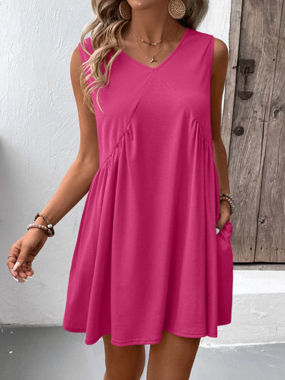 Ruched V-Neck Sleeveless Mini Dress.