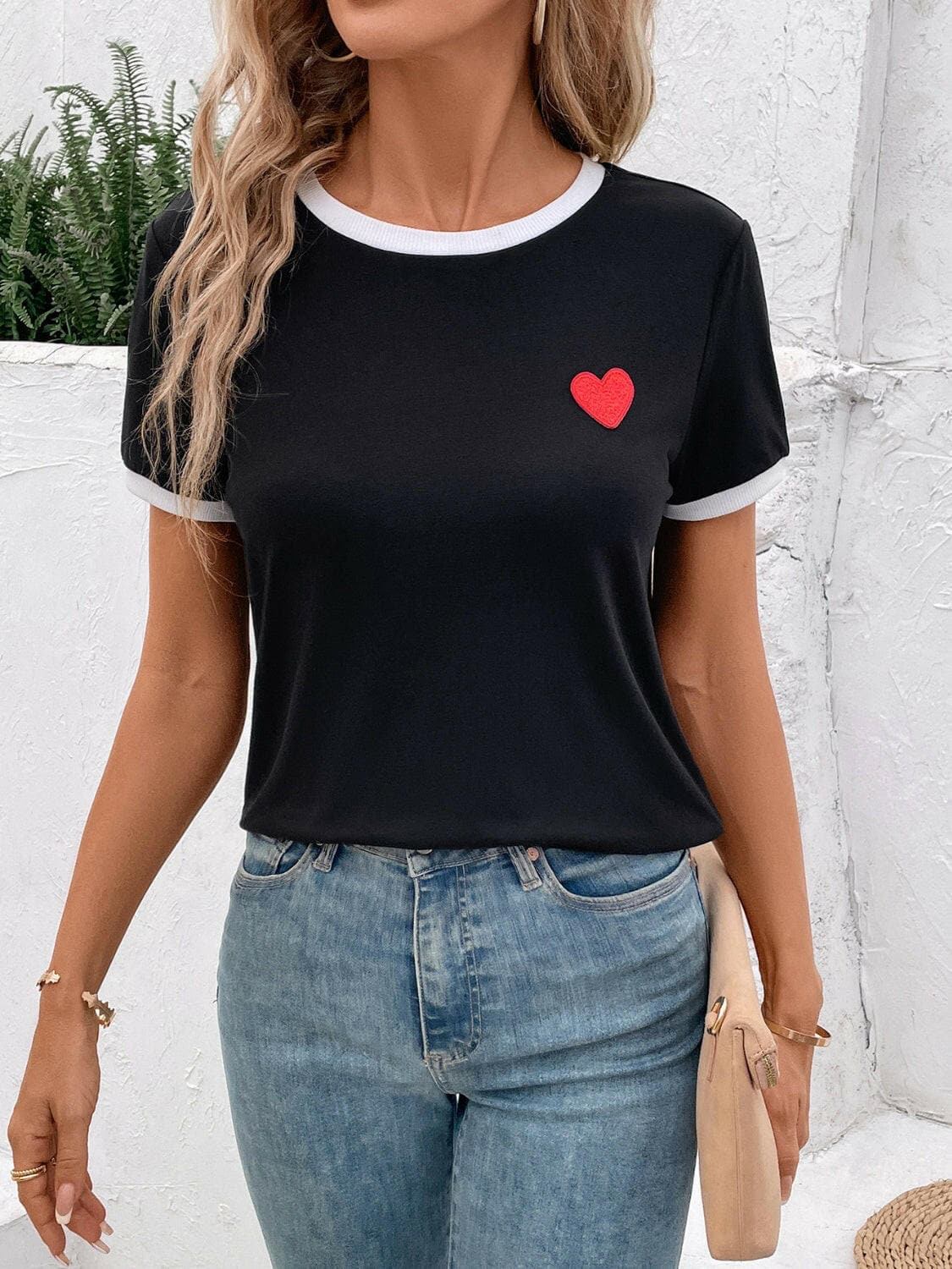 Heart Round Neck Short Sleeve T-Shirt.