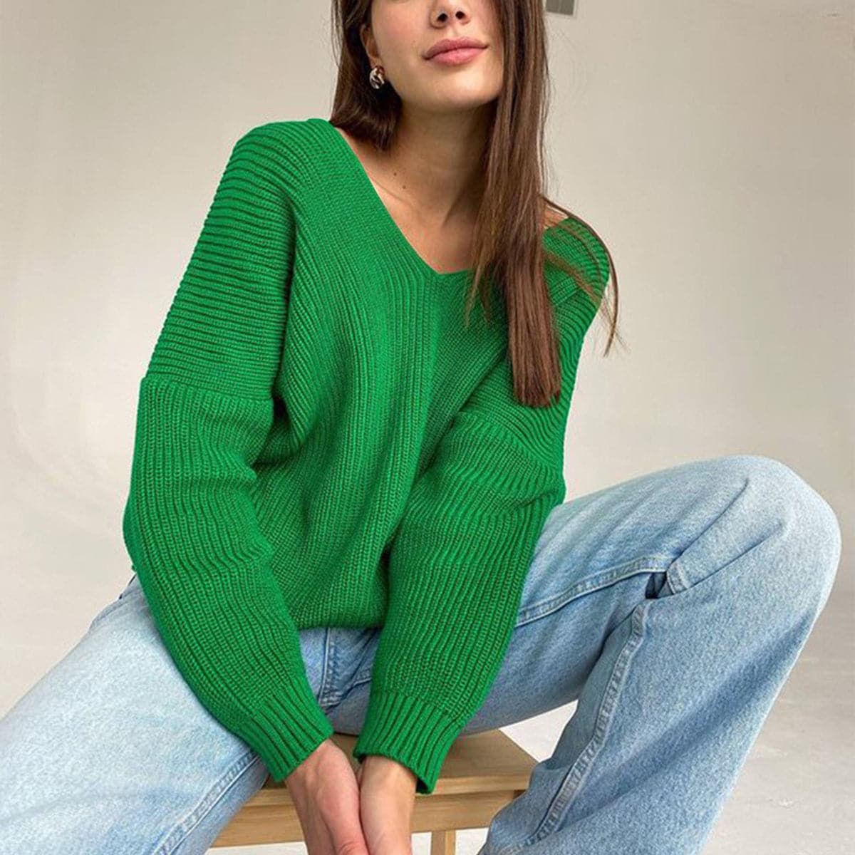 V-Neck Dropped Shoulder Long Sleeve Sweater.