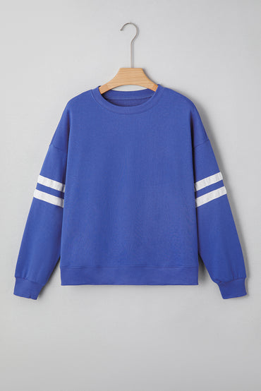 Premium Sky Blue Varsity Striped Drop Shoulder Oversized Sweatshirt