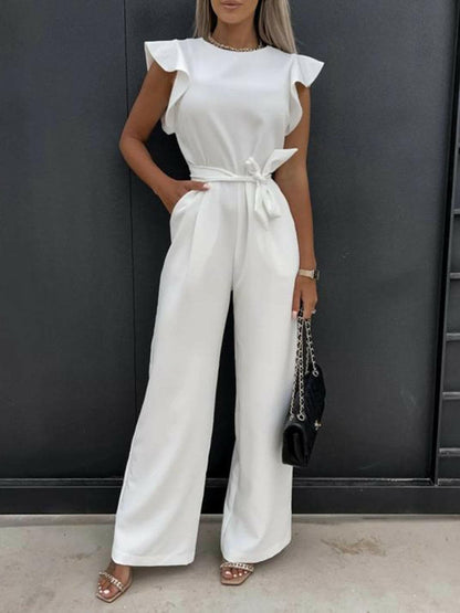 Ruffled Round Neck Cap Sleeve Jumpsuit.