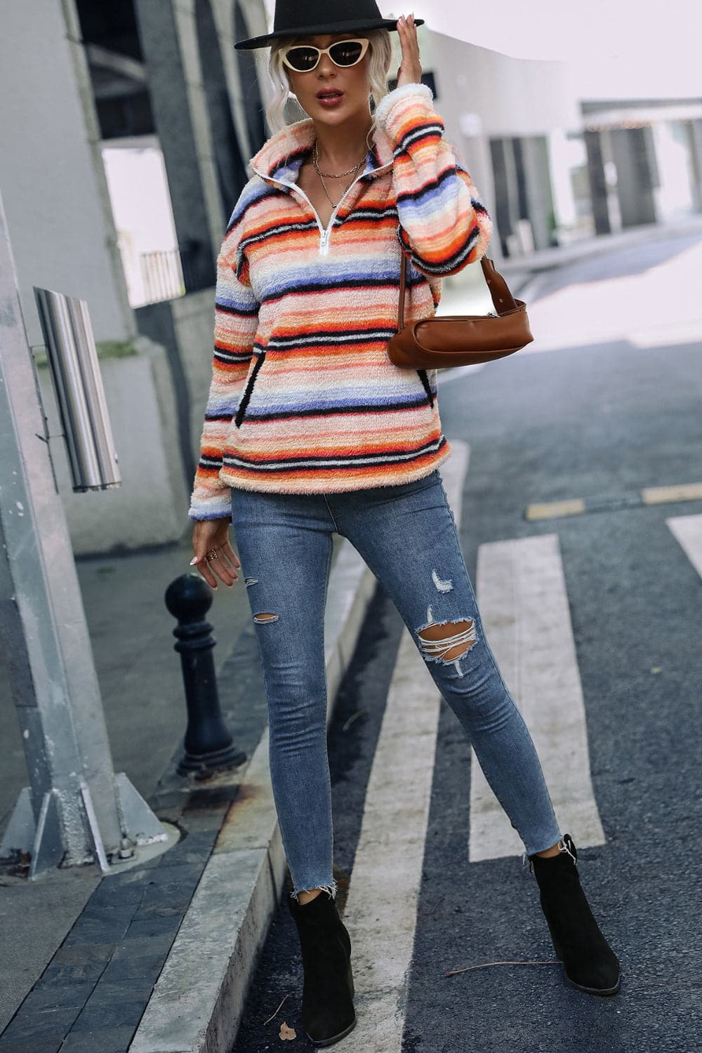 Striped Quarter Zip Dropped Shoulder Sweatshirt.