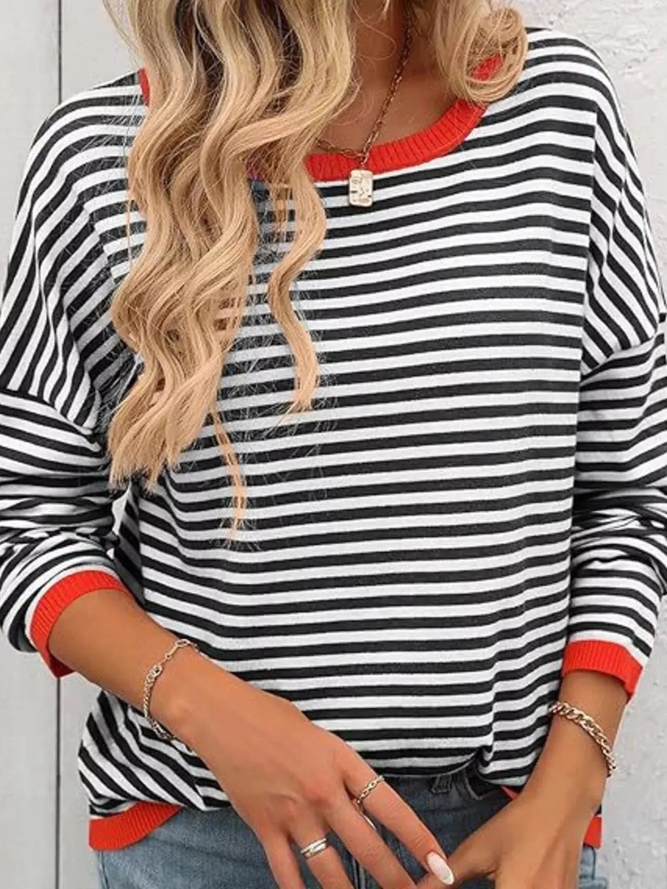 Plus Size Contrast Striped Long Sleeve Sweater Simply Love