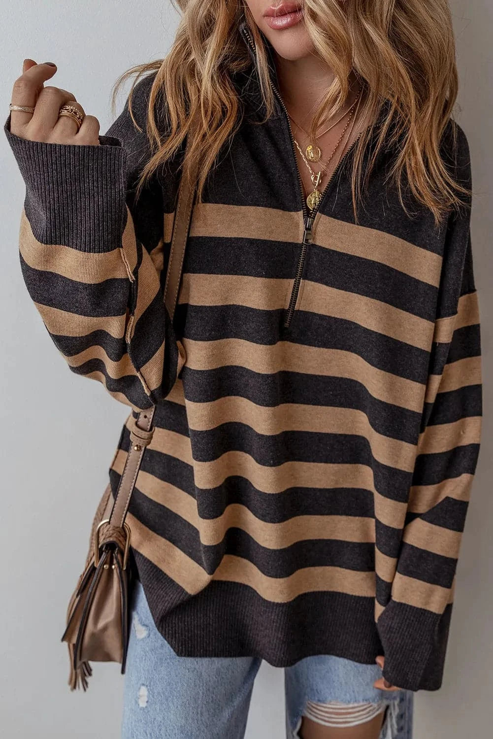 Chic striped half zip long sleeve knit top for effortless style