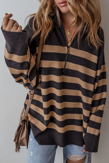 Chic striped half zip long sleeve knit top for effortless style