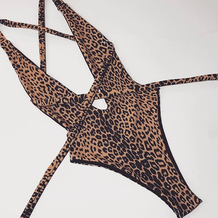 Women Clothing One-piece Bikini Leopard Print Hollow Out Cutout Out Strap Swimsuit