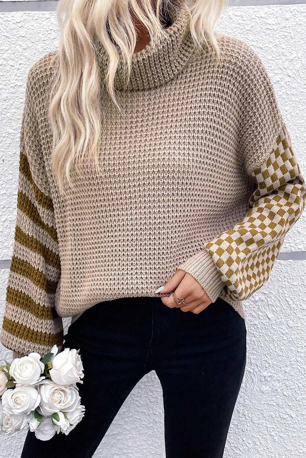 Cozy smoke gray patchwork turtleneck sweater with waffle knit texture