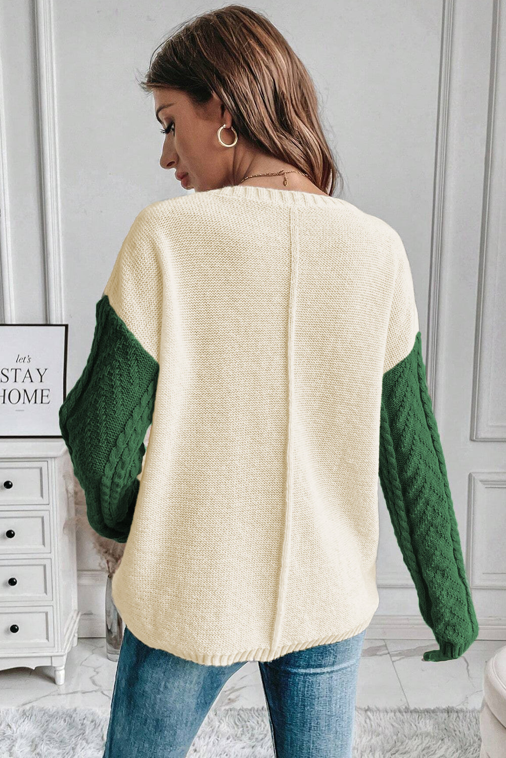 Mist Green Plus Size Color Block Cable Knit Sweater with Drop Shoulders