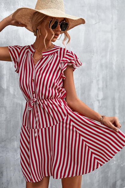 Ruffled Striped Cap Sleeve Mini Dress.