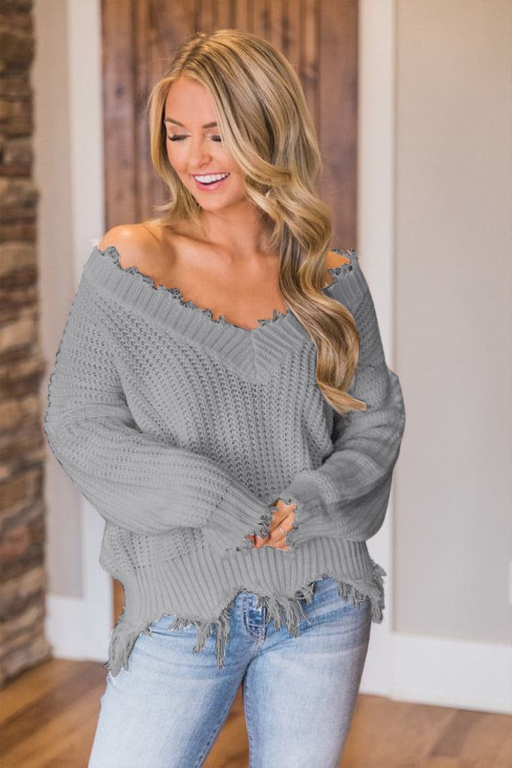 Frayed Hem Dropped Shoulder Sweater.