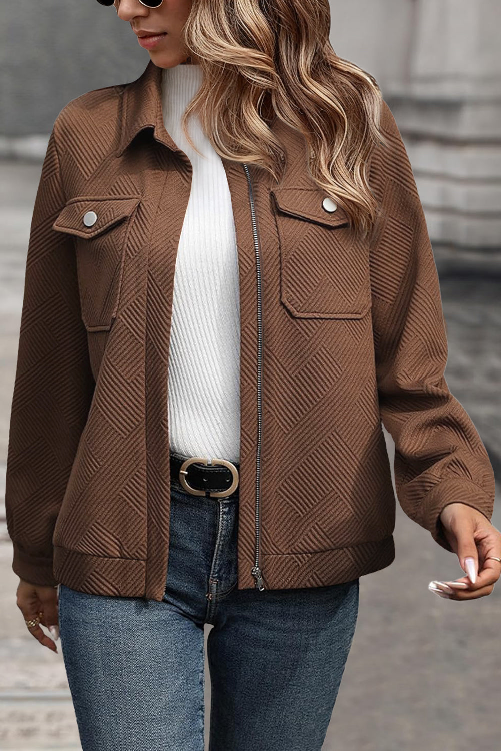 Coffee Solid Color Zip Up Jacket With Button Flap Pocket Shirt Collar Dear-Lover Dropshipping