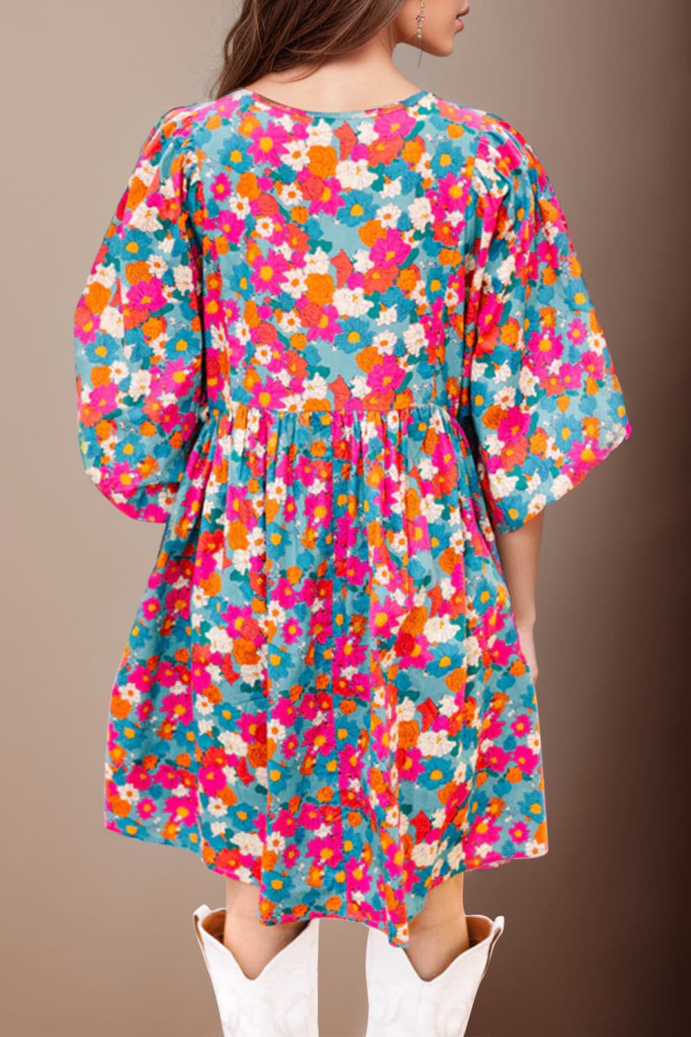 Floral Tie Neck Puff Sleeve Mini Dress.