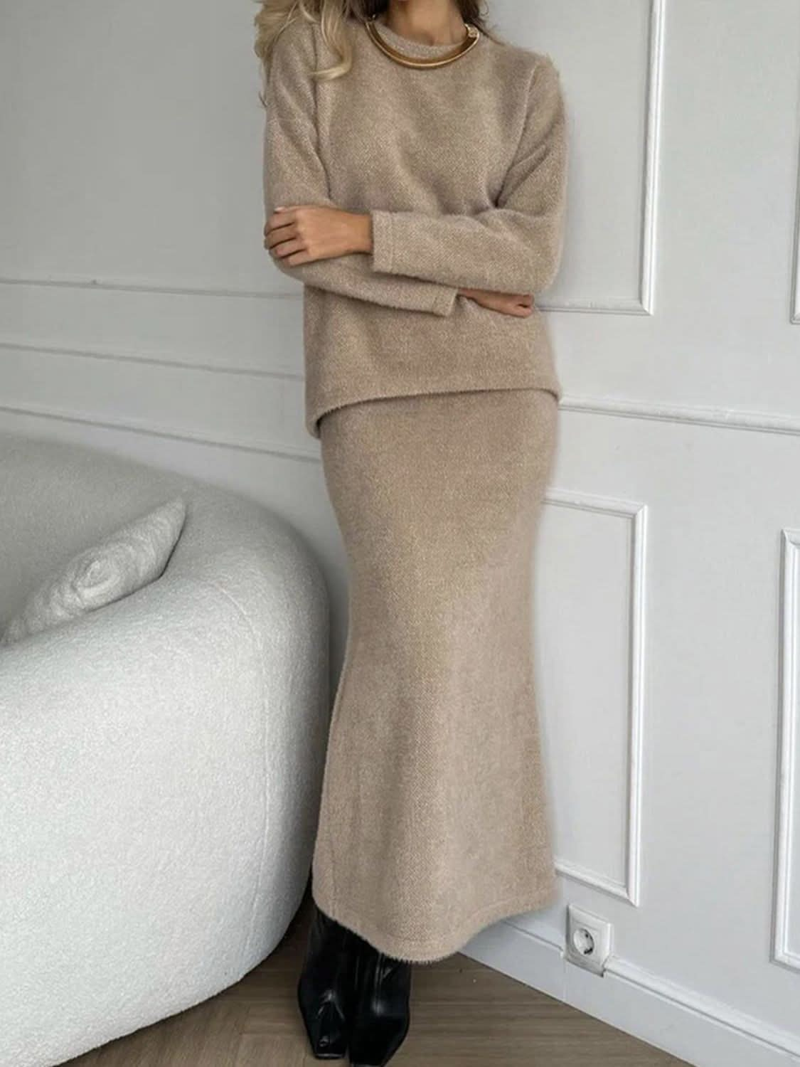 Casual Chic Round Neck Sweater Set with Midi Skirt