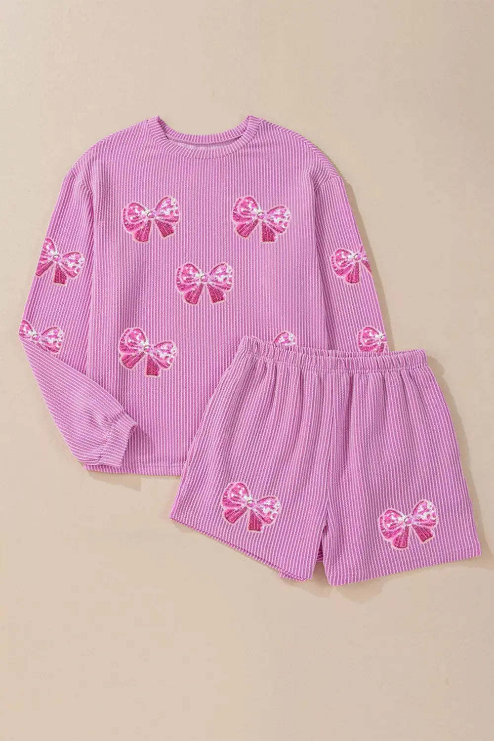 Corded Rib Sequin Bow Patched Long Sleeve Top and Shorts 2pcs Set Simply Love