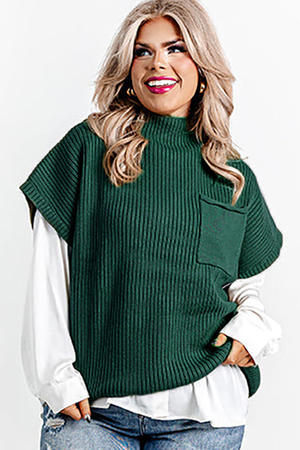 Cozy jungle green plus size mock neck sweater with chest pocket