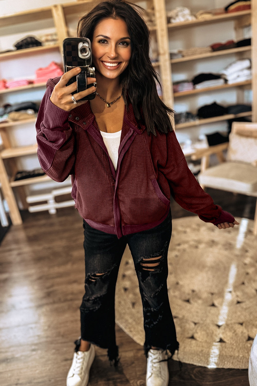 Burgundy Waffle Splicing Zip Up Hooded Jacket With Front Button Closure For Casual Outerwear Dear-Lover Dropshipping