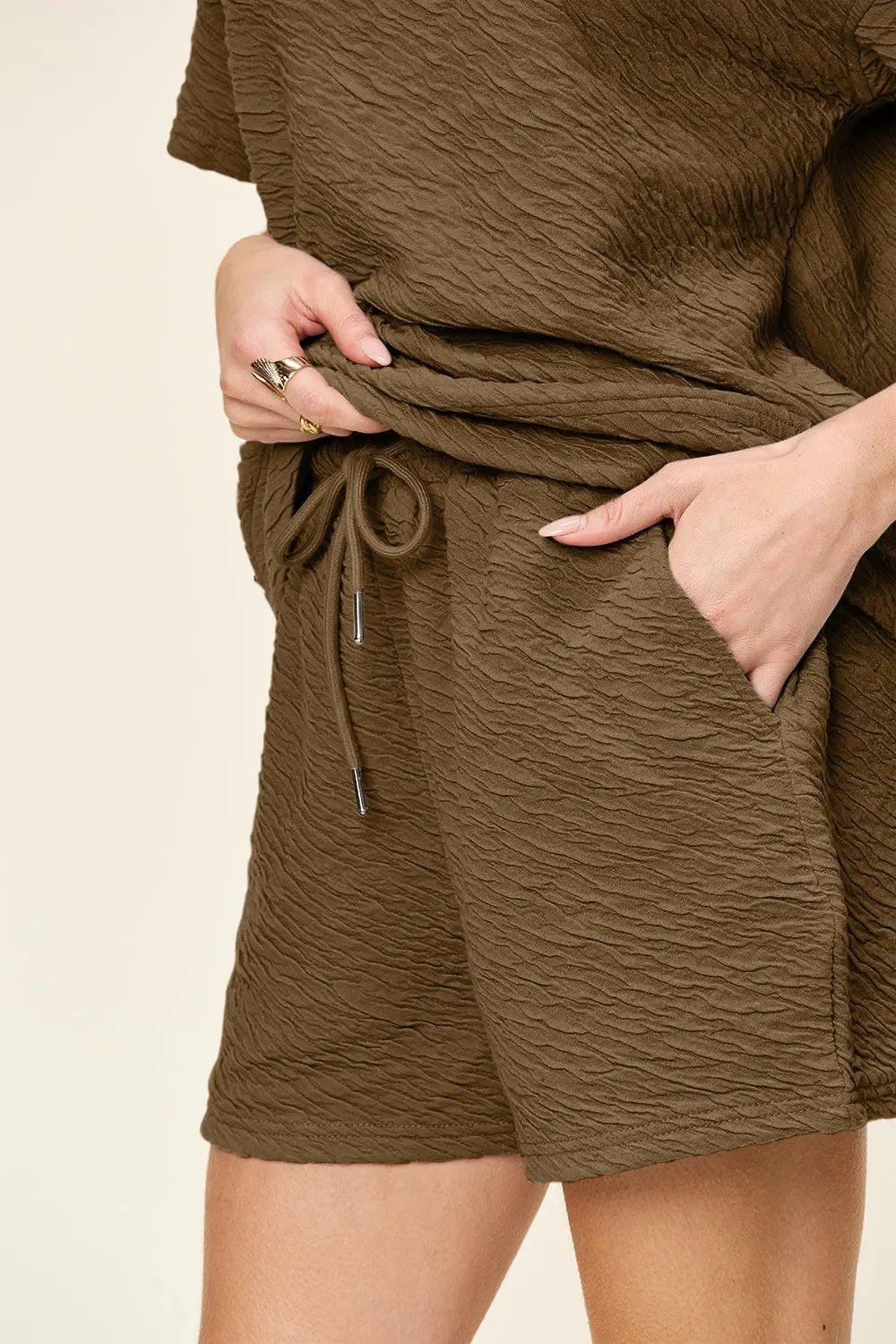 Double Take Full Size Texture Short Sleeve T-Shirt and Drawstring Shorts Set - Love Salve