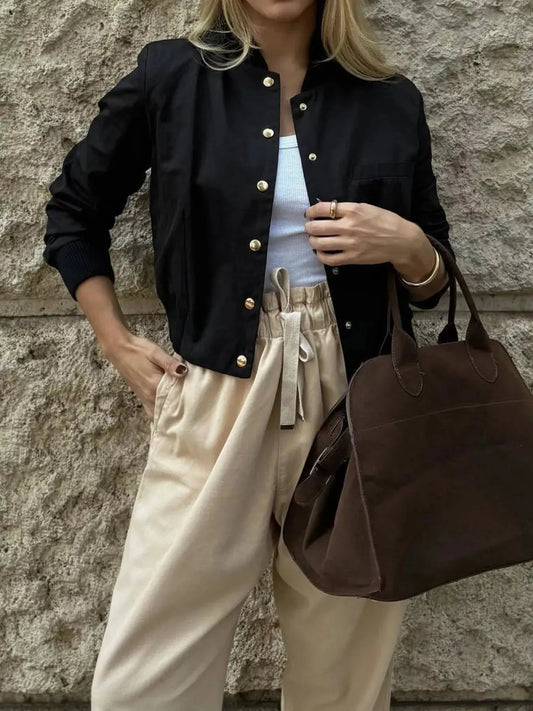 Snap Down Cropped Bomber Jacket Simply Love