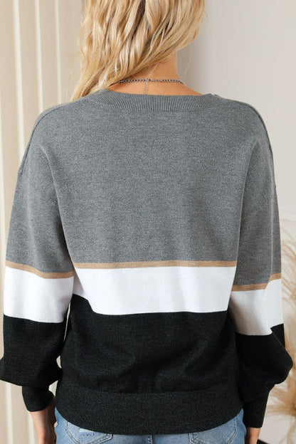 Striped V-Neck Long Sleeve Sweater.