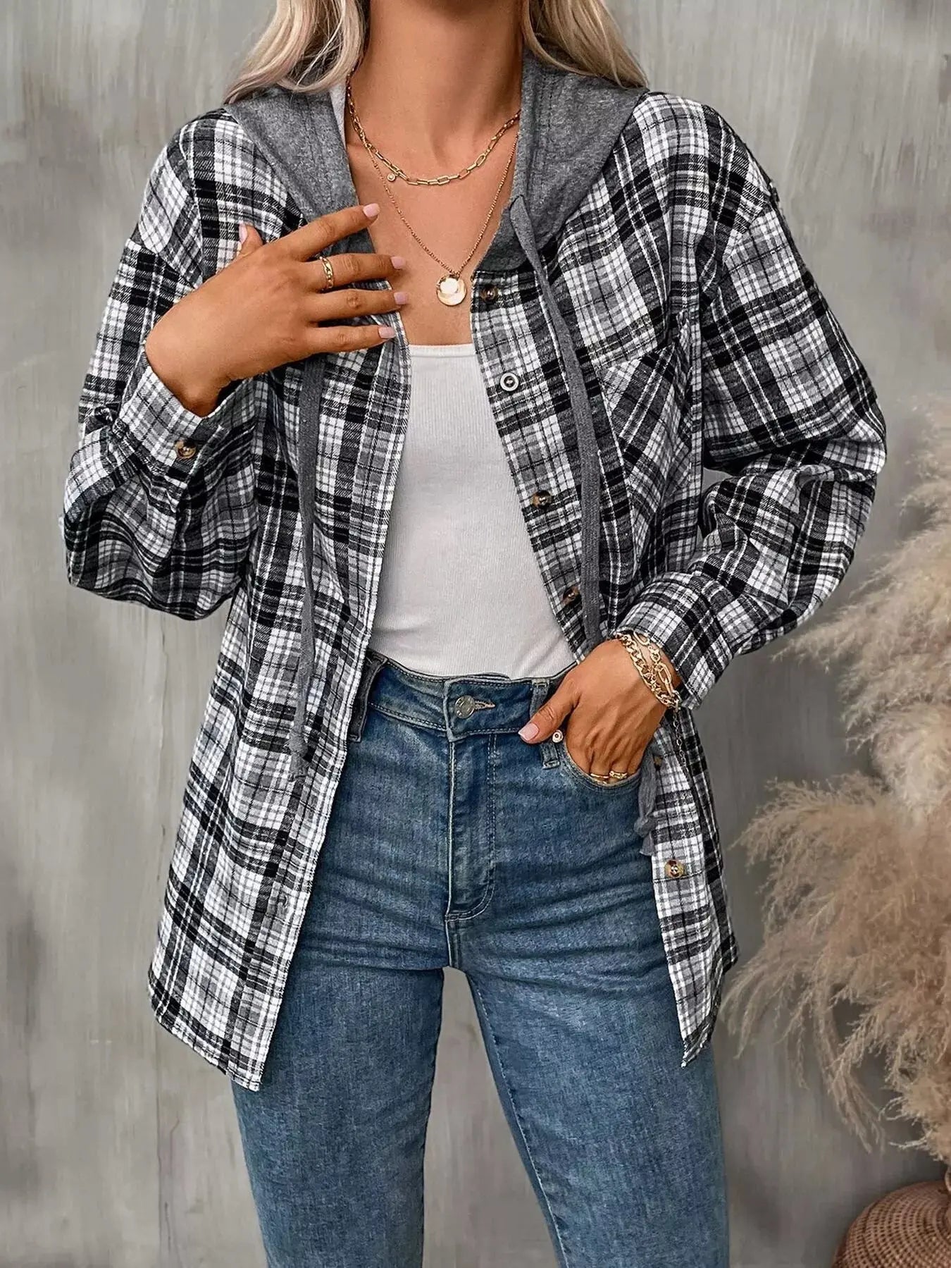 Hooded Plaid Button-Up Shirt Simply Love