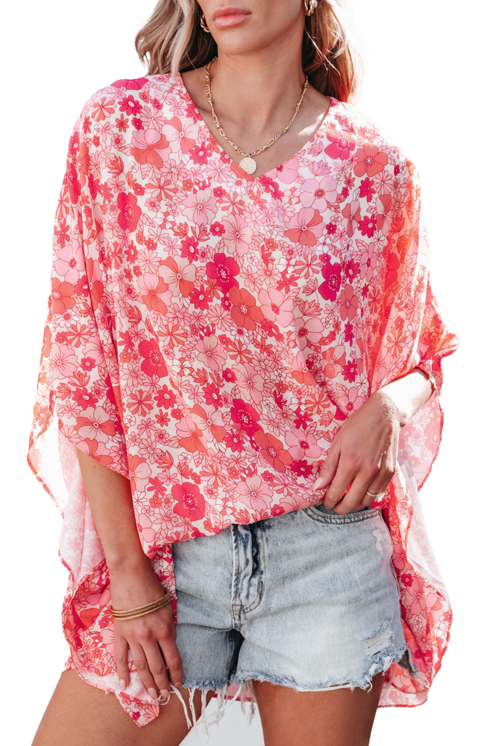 Pink floral boho kimono-style blouse with V neckline