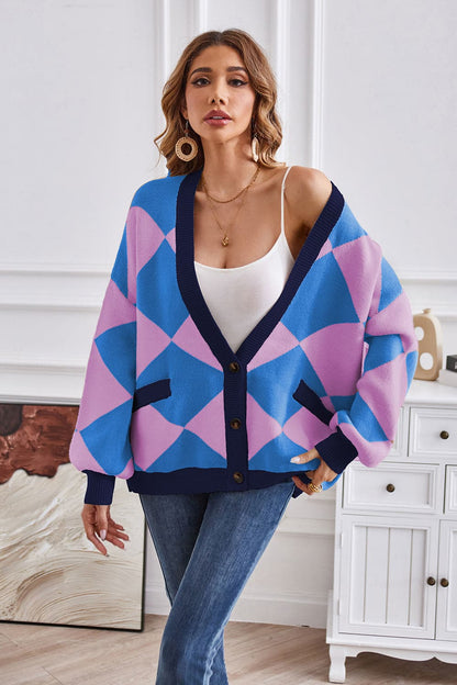 Geometric Lantern Sleeve Cardigan with Pockets.