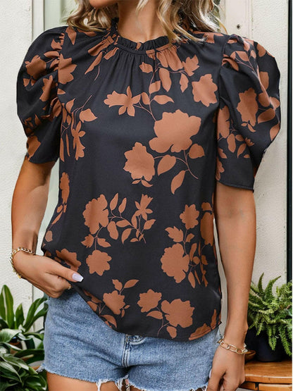 Frill Printed Round Neck Puff Sleeve Blouse.